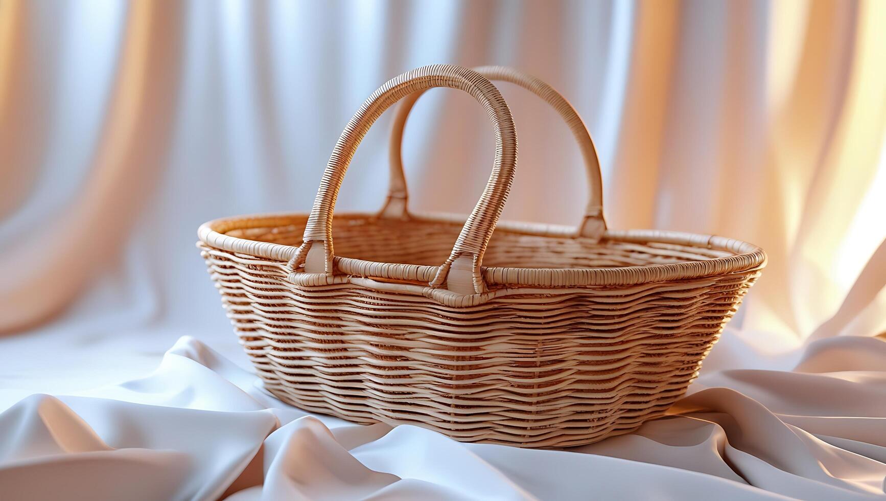 Handwoven Wicker Basket with Double Handles on Fabric Background photo