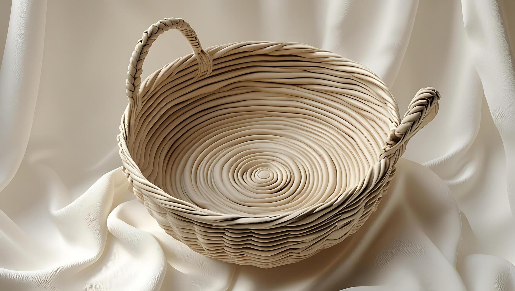 Flat Rustic Wicker Basket with Side Loop on Soft Draped Fabric photo