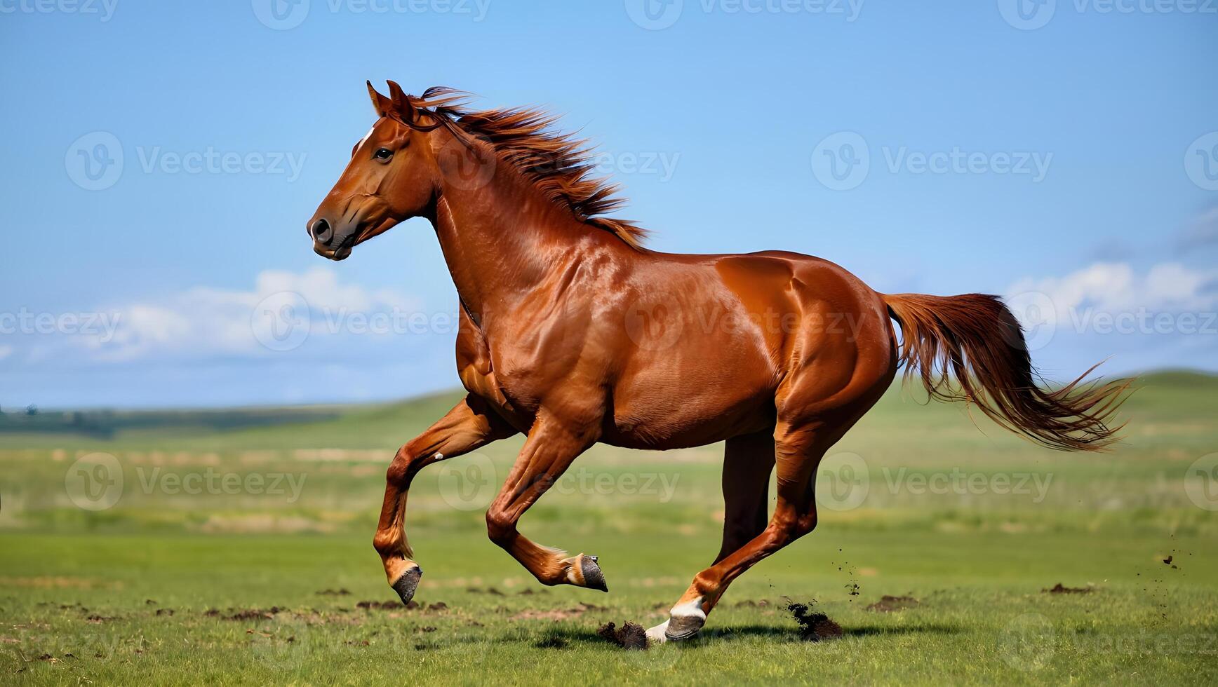 Brown horse running fast in open green grass field. photo