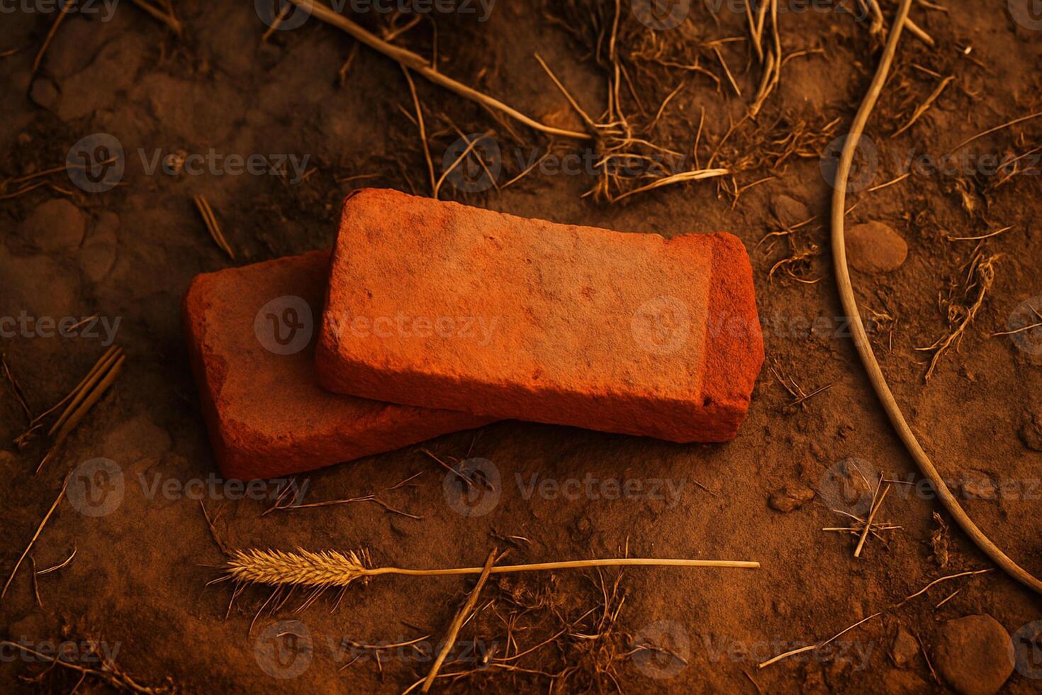 Two red bricks laying on the ground photo