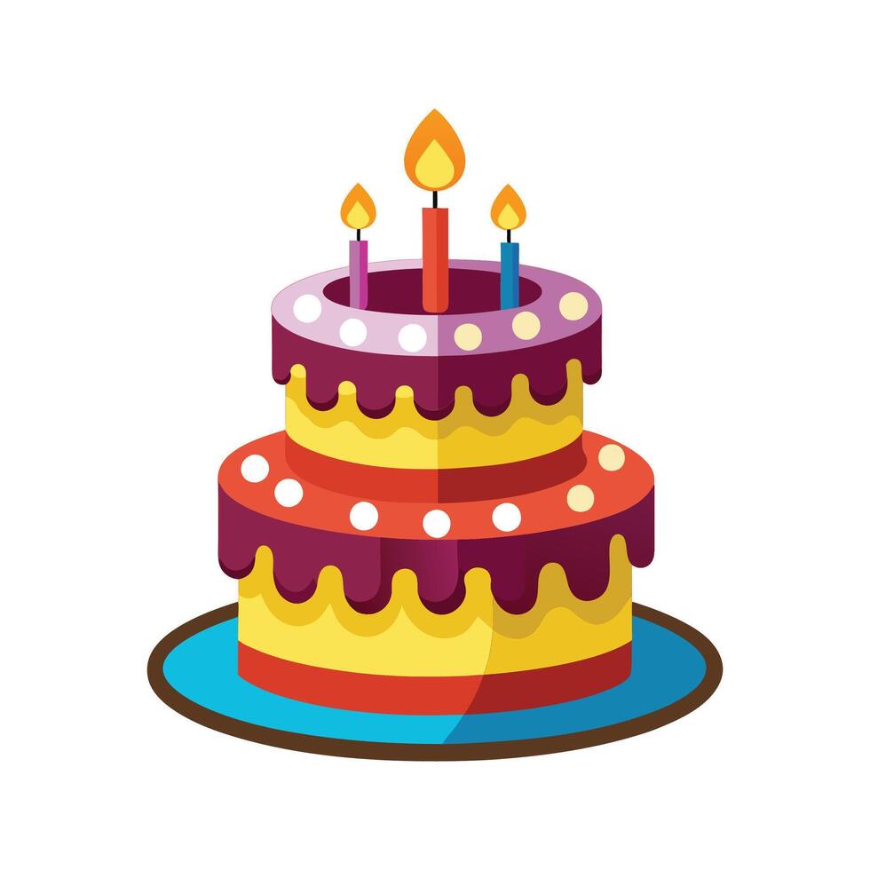 Colorful layered birthday cake with lit candles and simple flat design element vector