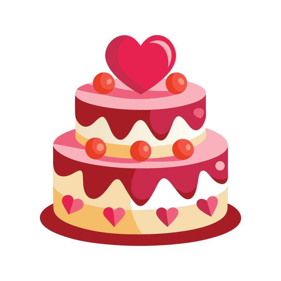 Two tiered birthday cake decorated with hearts and a large heart on top for celebrations vector