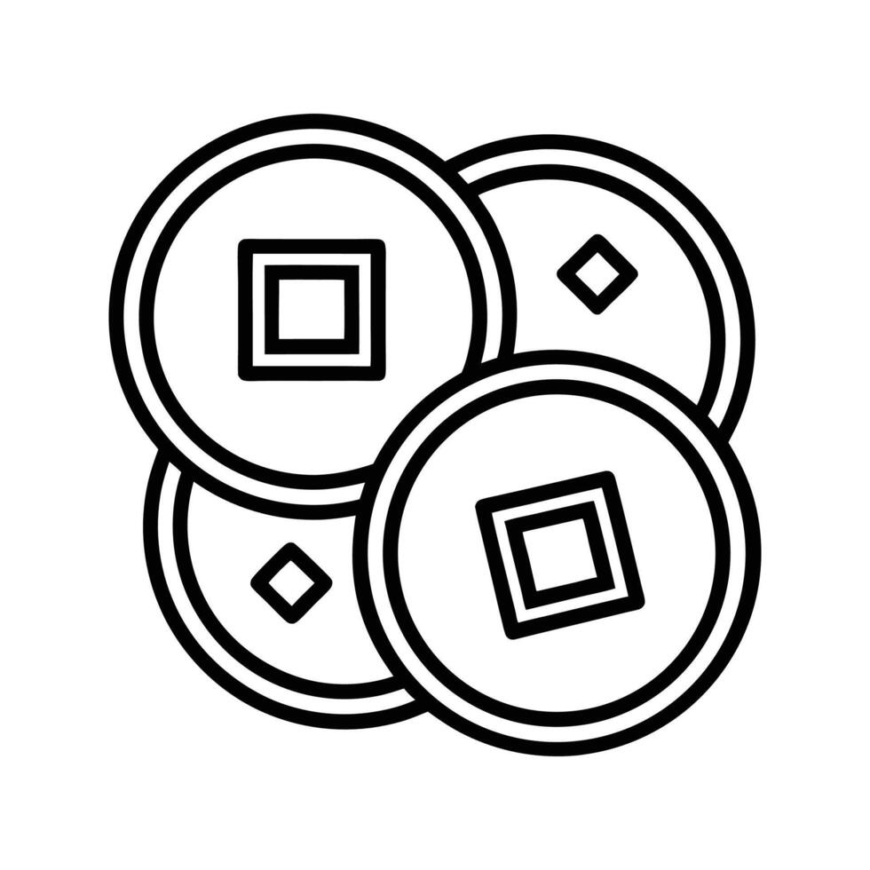 Three Overlapping Black Outline Chinese Coins Square Diamond Symbols vector