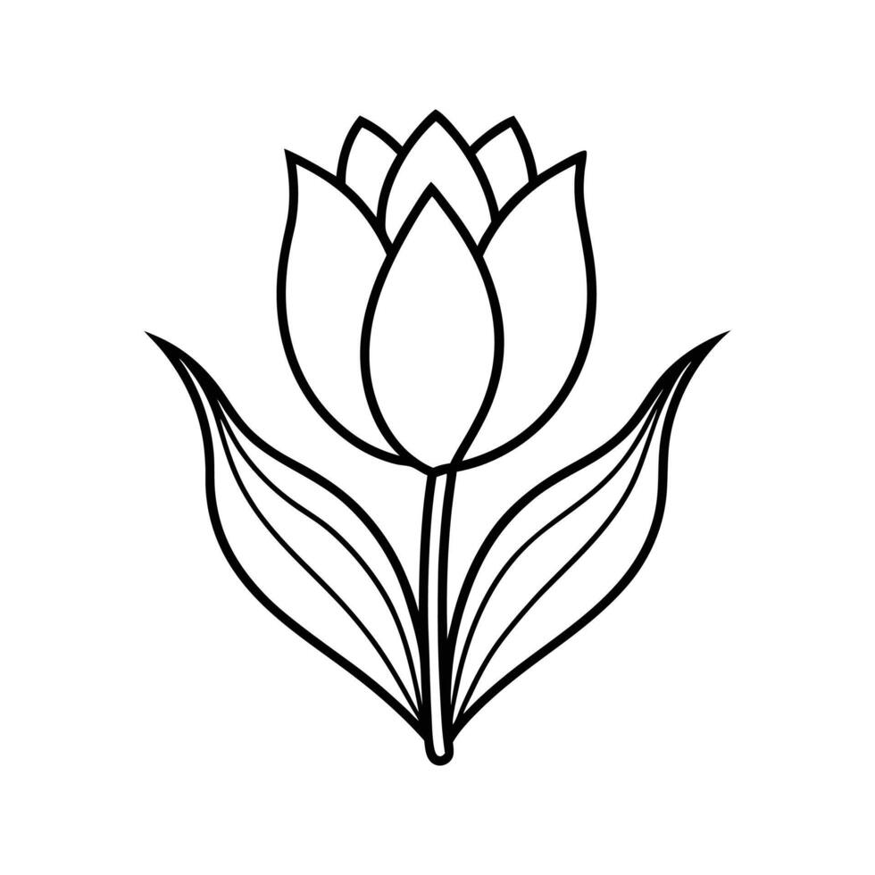 Black and white line art illustration of a single tulip flower, clean and simple botanical outline, white background vector