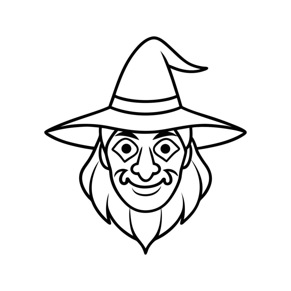 Line Art Wizard Face with Wide Brimmed Hat Long Hair vector