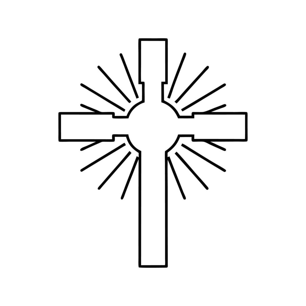 Black Outline Cross Symbol with Radiating Sunburst Design vector