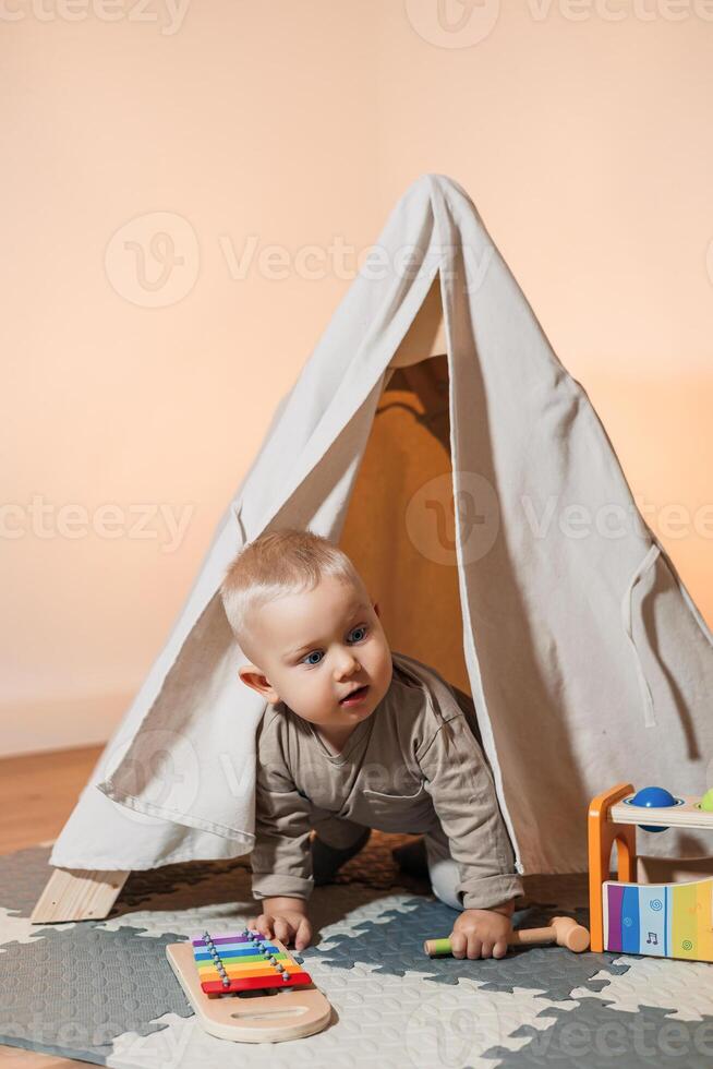 A joyful and playful toddler is having a great time exploring a cozy tent filled with a variety of colorful toys in a modern playroom designed for fun and creativity, perfect for child development photo