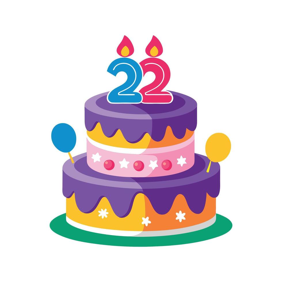 Colorful birthday cake with candles number twenty two isolated on white background vector