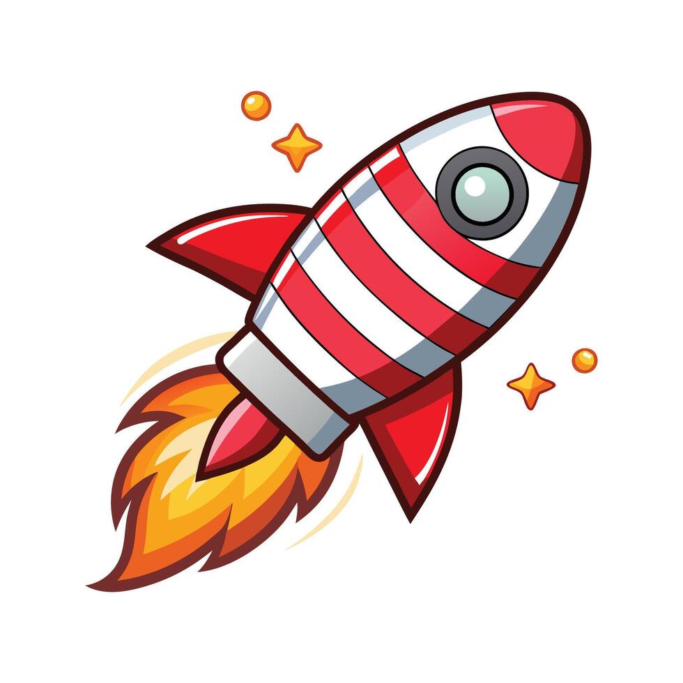 Cartoon illustration of a rocket ship launching with flames and starry effects in space vector