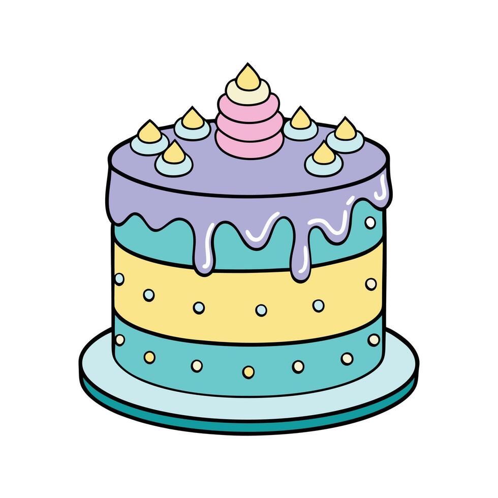 Delightful illustration of a colorful birthday cake with frosting decorations and sprinkles. vector