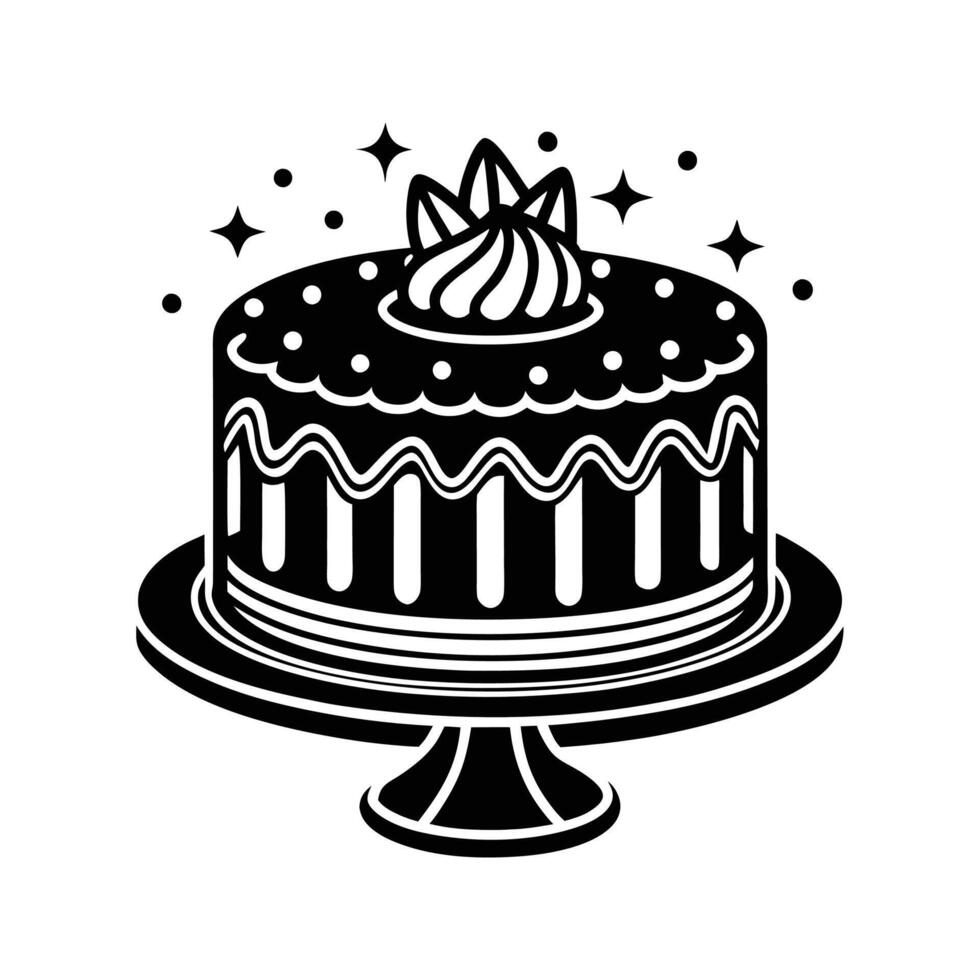 Elegant black and white birthday cake illustration on a stand with decorative elements vector
