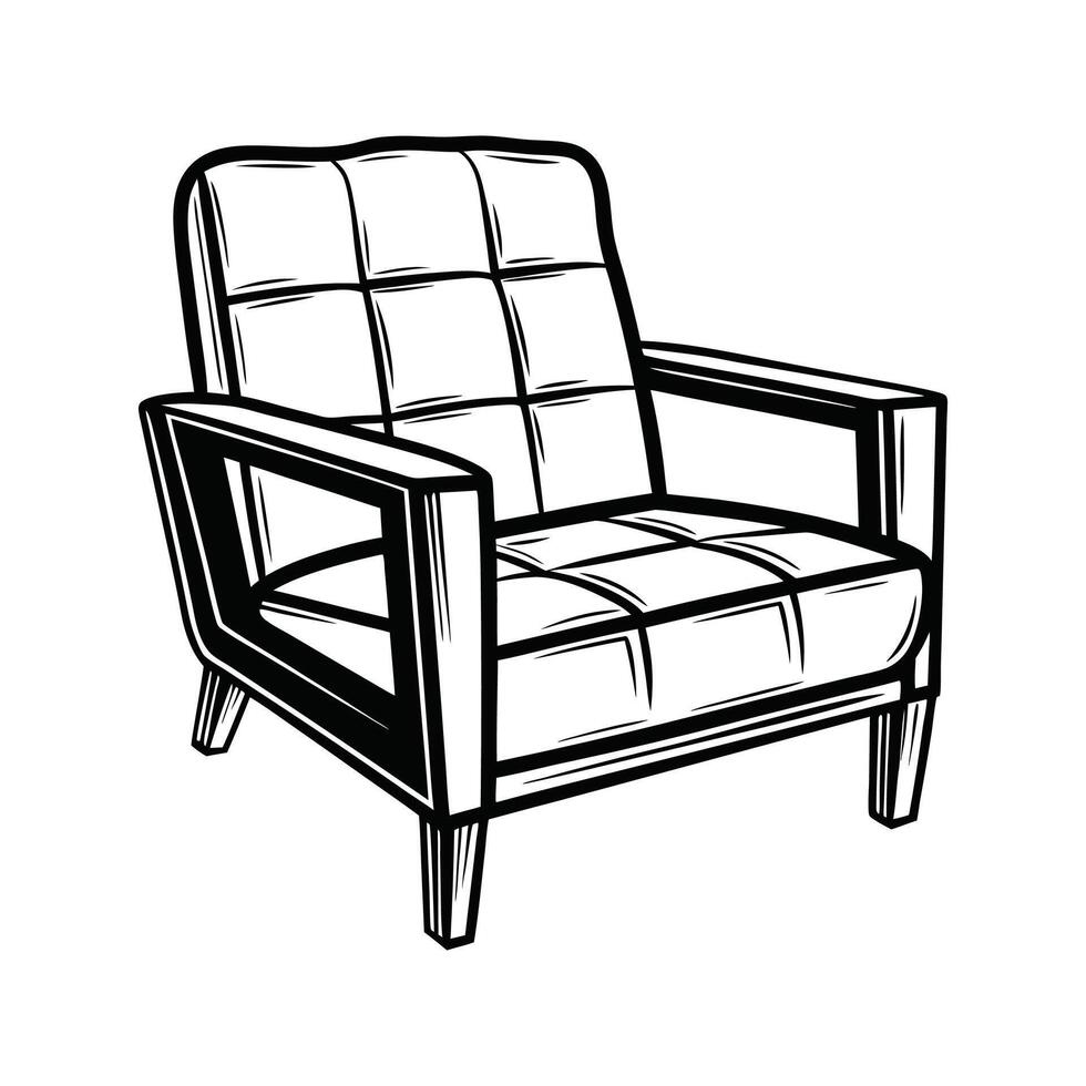 Detailed illustration of a classic armchair in a black and white line art style. vector