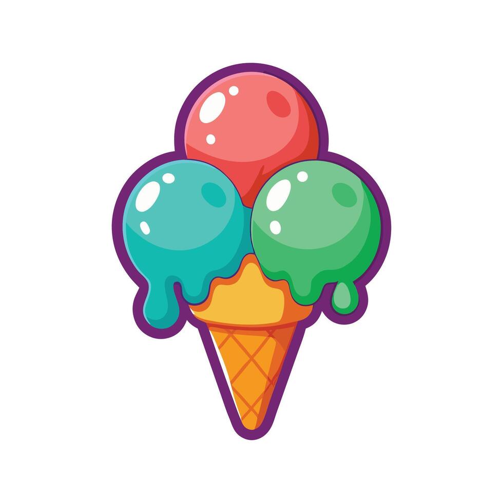 Delicious cartoon ice cream cone with three colorful scoops isolated on white vector