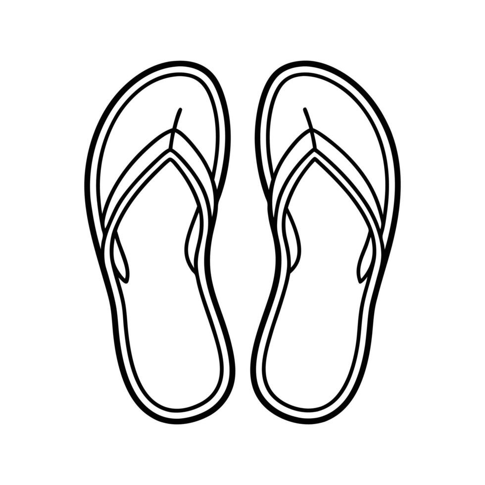 Black and white line art illustration of flip-flops, simple beach sandals design, clean black outline, minimal summer footwear, white background vector