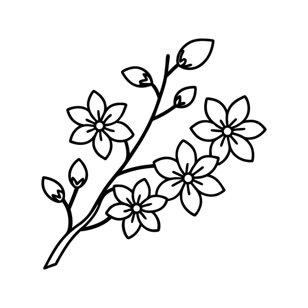 Black Line Drawing Branch Five Flowers Buds Simple Floral Design vector