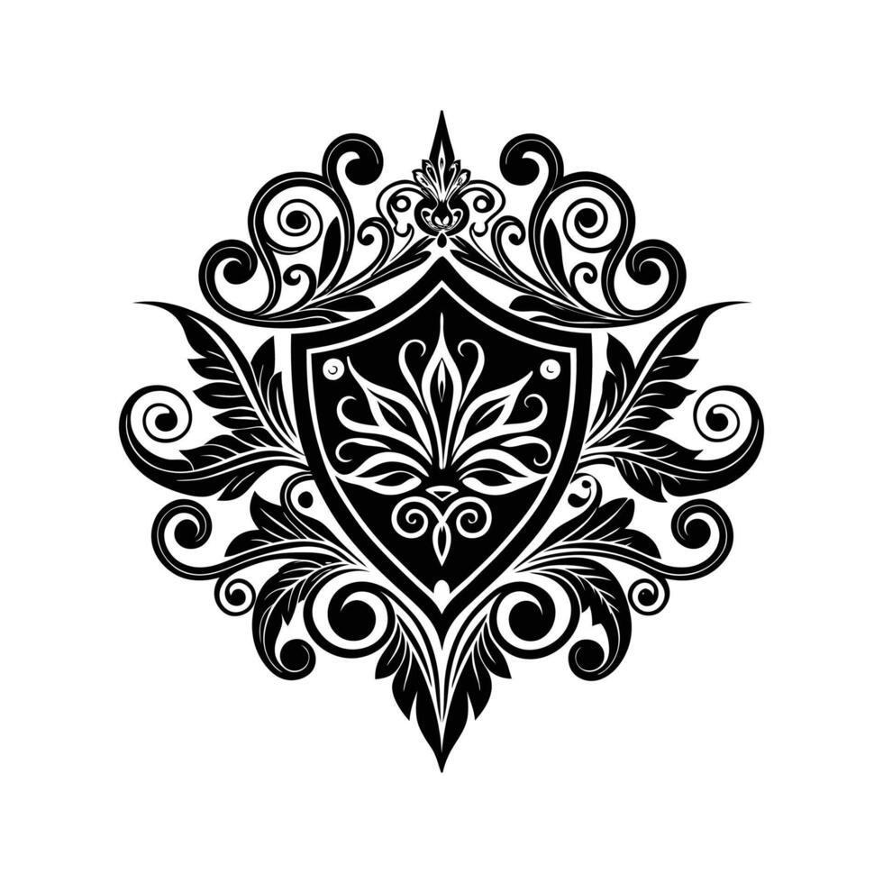 Elegant black and white heraldic emblem with flourishes and decorative floral elements vector