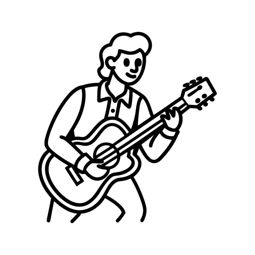 Black and white line art illustration of a man playing an acoustic guitar, sitting pose, clean outline style, musical theme, white background vector
