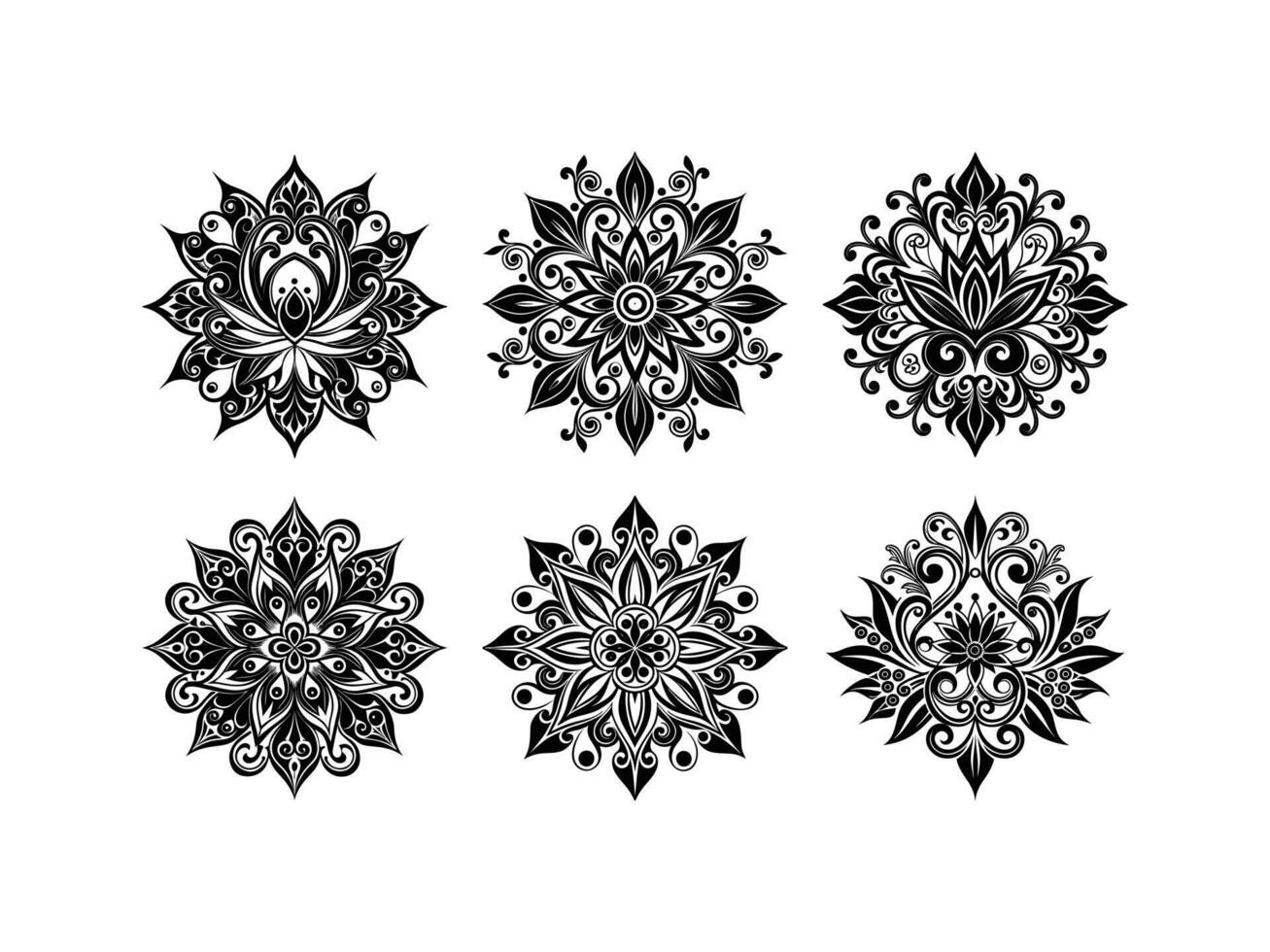 Six ornate black and white mandala style floral elements with detailed ornamentation vector