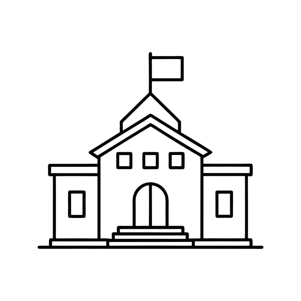 Black Line Drawing School Building Flag Steps Windows vector