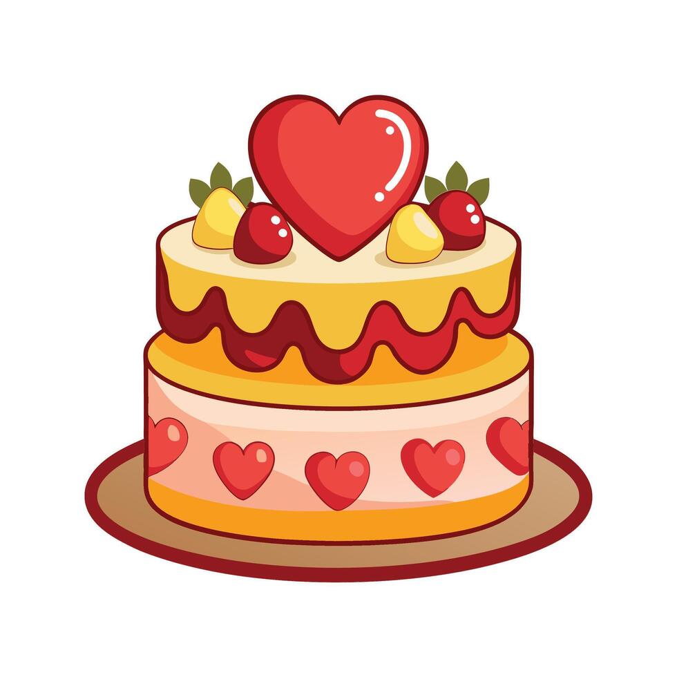 Two tiered festive cake with red hearts and decorative strawberries perfect for valentines day vector