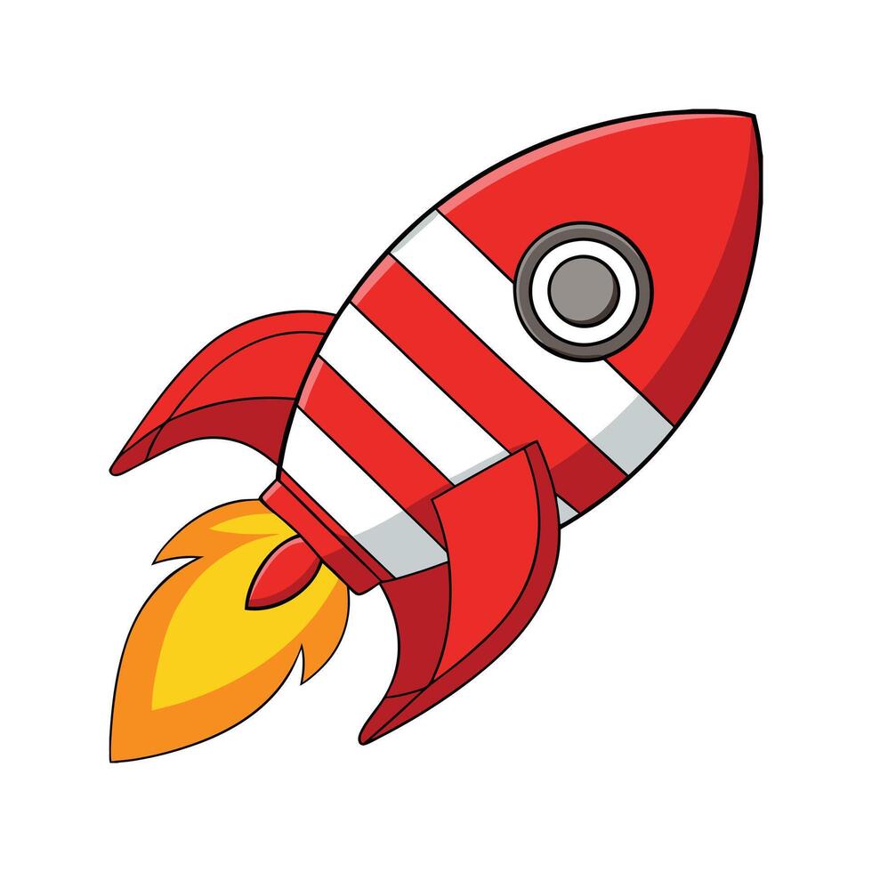 Cartoon rocket ship with red and white stripes blasting off isolated on white background vector