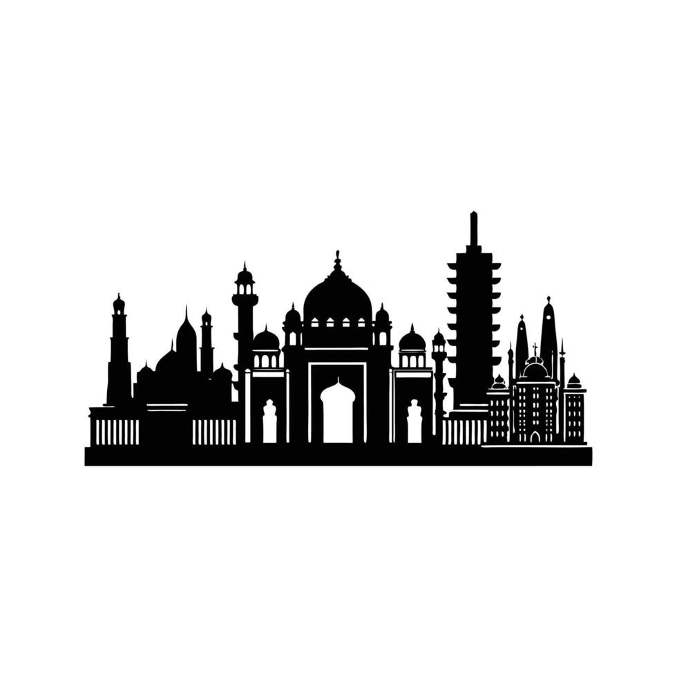 Silhouette illustration depicting famous landmarks and structures in black and white vector