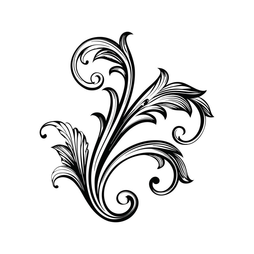 Elegant black and white floral ornament design with swirls and detailed leaves vector