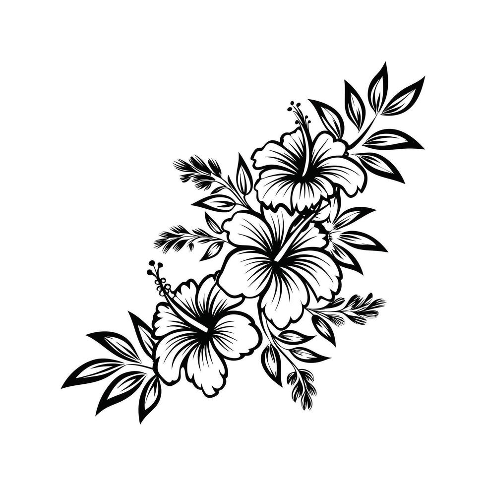 Elegant black and white hibiscus floral arrangement featuring detailed flower and leaf designs vector