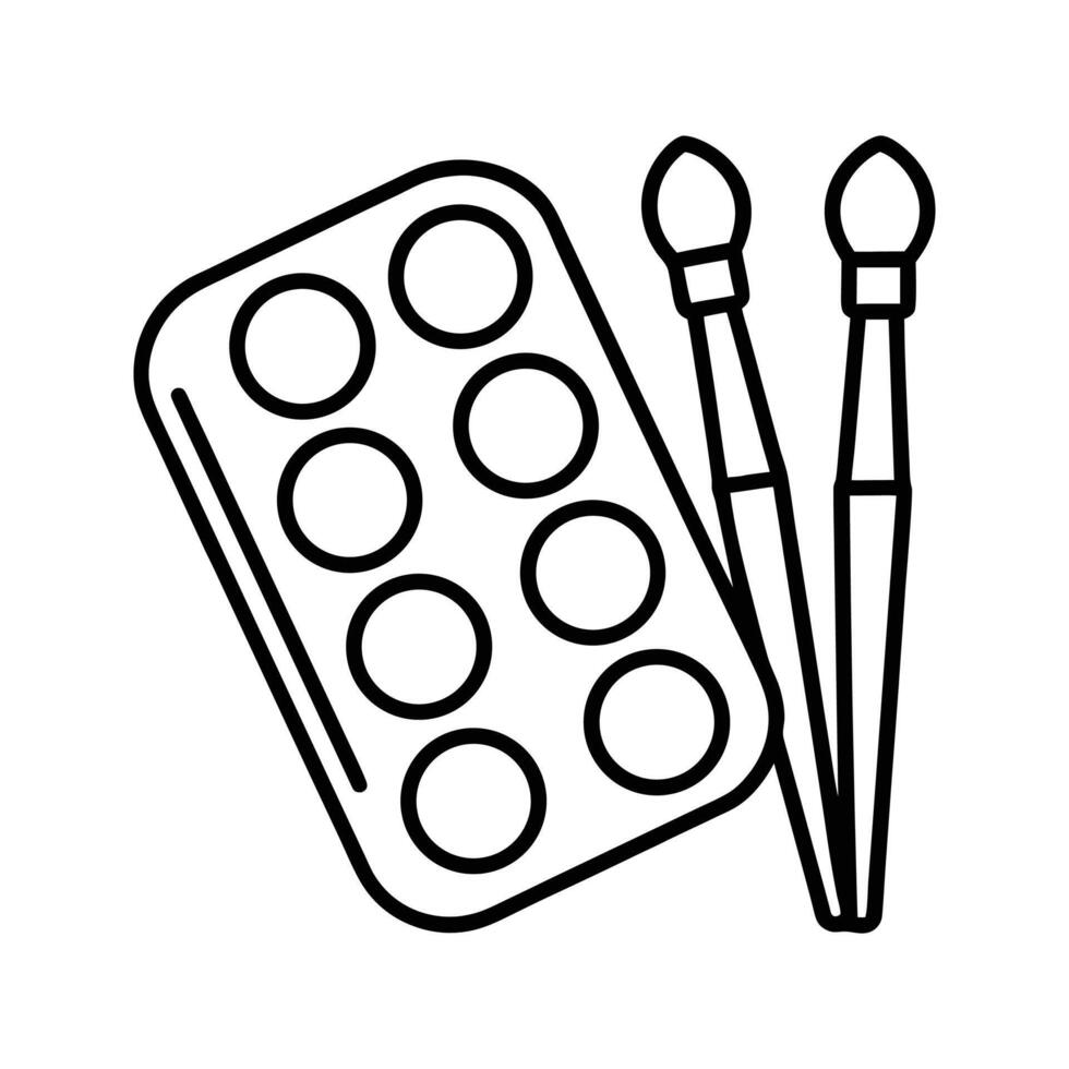 Watercolor Paint Palette and Two Paintbrushes Line Art vector