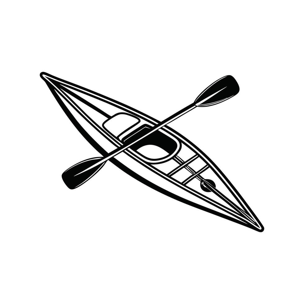 A black and white line art illustration of a kayak with paddles crossing it vector