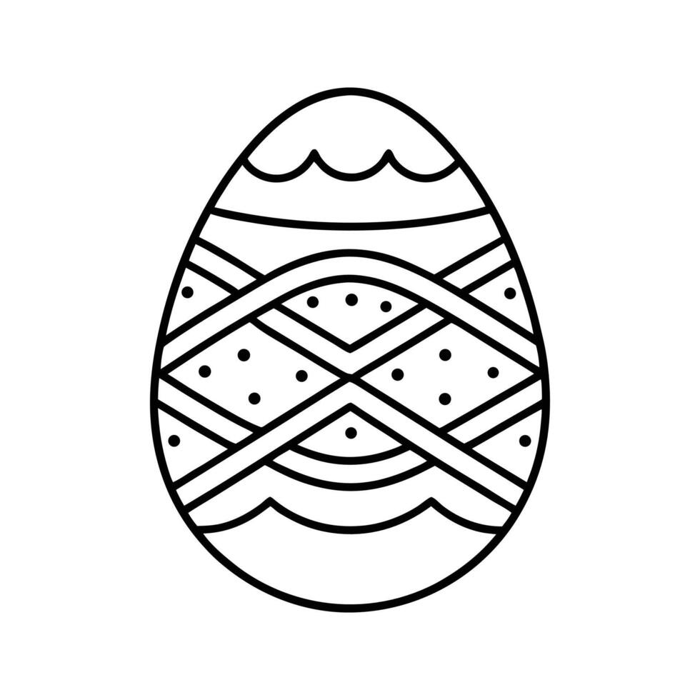 Black and white line art illustration of an Easter egg with geometric patterns, clean outline design, symmetrical shapes, white background vector