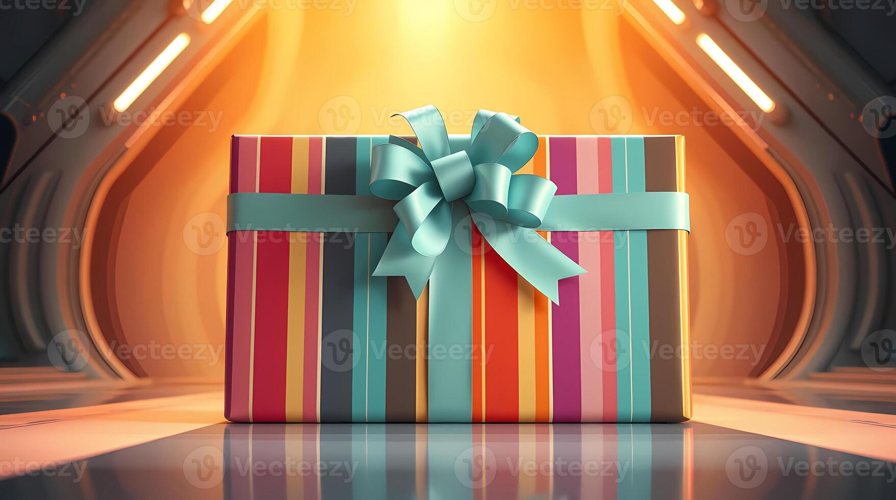 gift box with sky blue bow on light yellow background photo