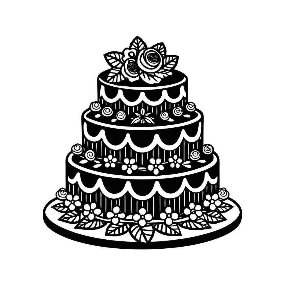 Elegant three tiered cake decorated with floral embellishments in a black and white design vector