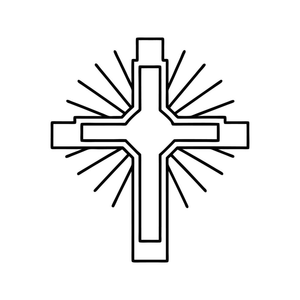 Black Outline Cross with Radiating Light Rays Simple Religious Symbol vector