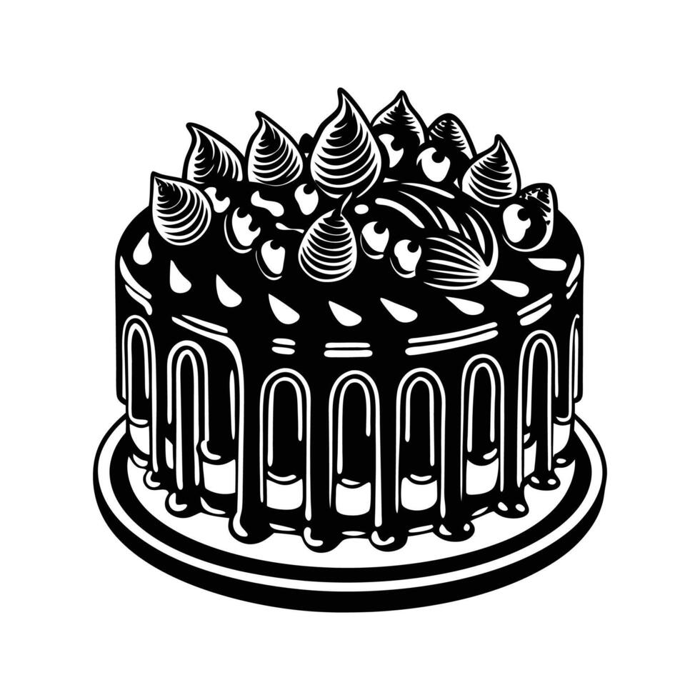 Elegant black and white illustration of a delicious chocolate cake with decorative toppings vector