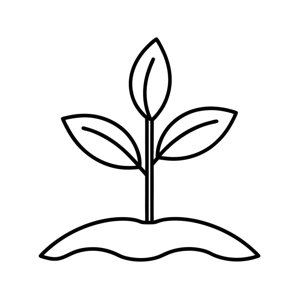 Simple black and white line drawing of a young plant sprout growing from soil, clean outline, minimal botanical illustration, white background vector