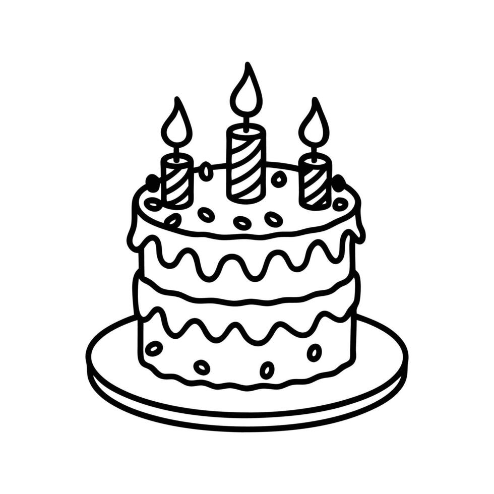 Simple line art illustration of a three-tiered birthday cake with lit candles vector