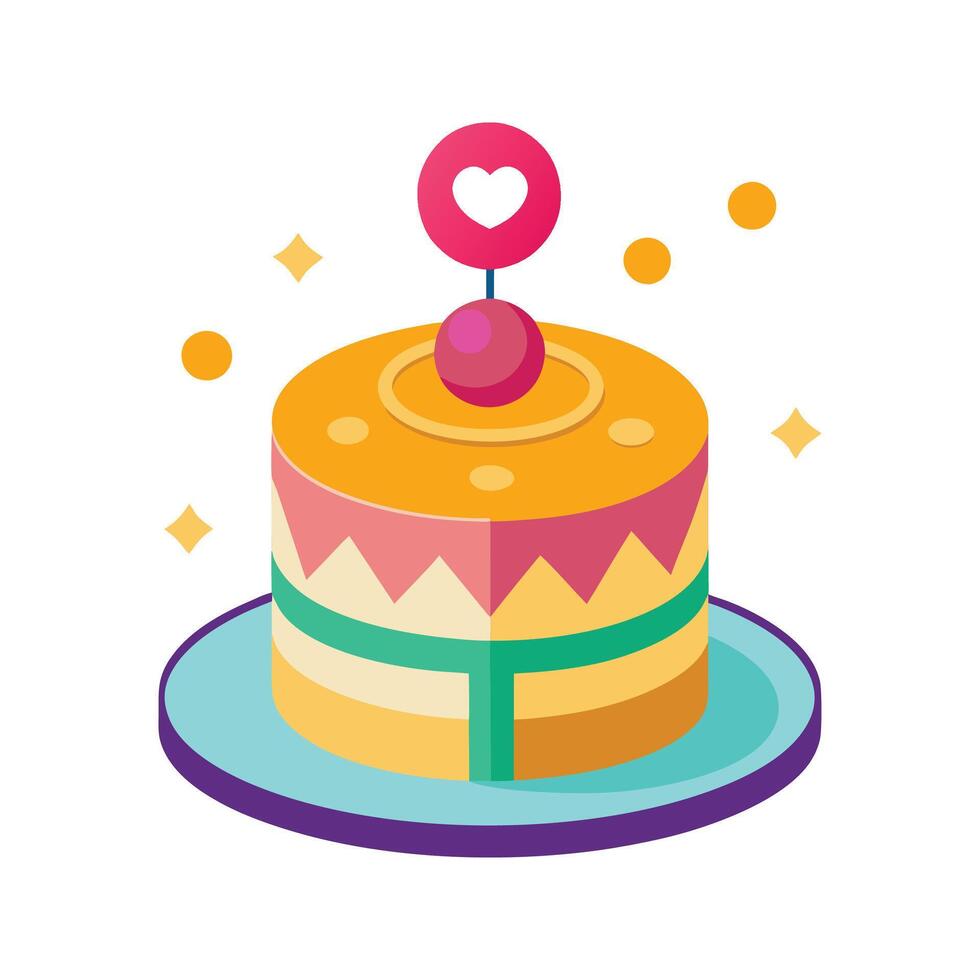 Delightful isometric birthday cake design adorned with festive decorative elements and a heart vector