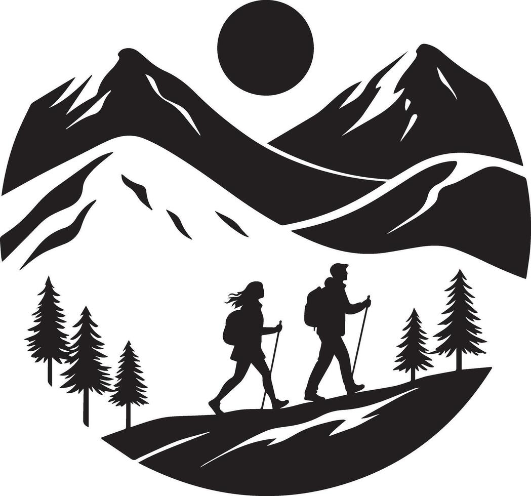 The illustration features three mountain ridges flowing horizontally across the circle vector