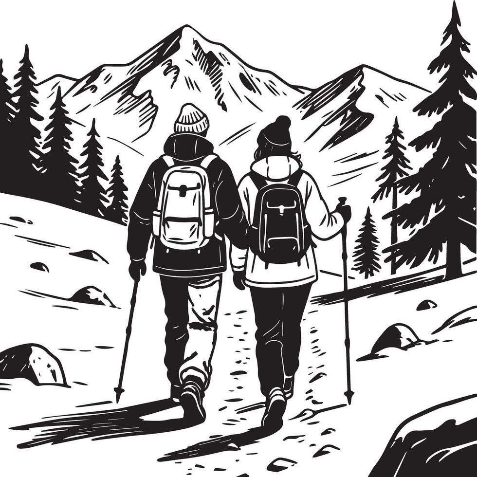 A couple hiking in winter, vector