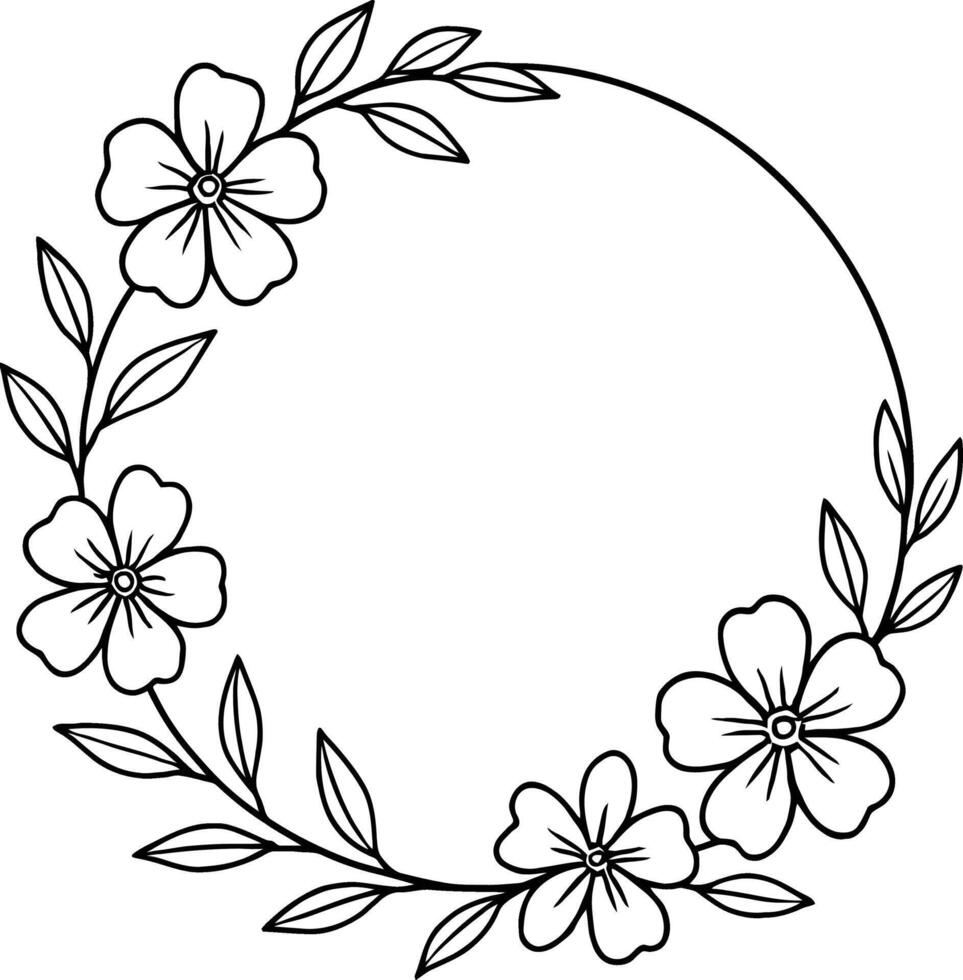 Black and white floral wreath frame with simple flowers and leaves vector