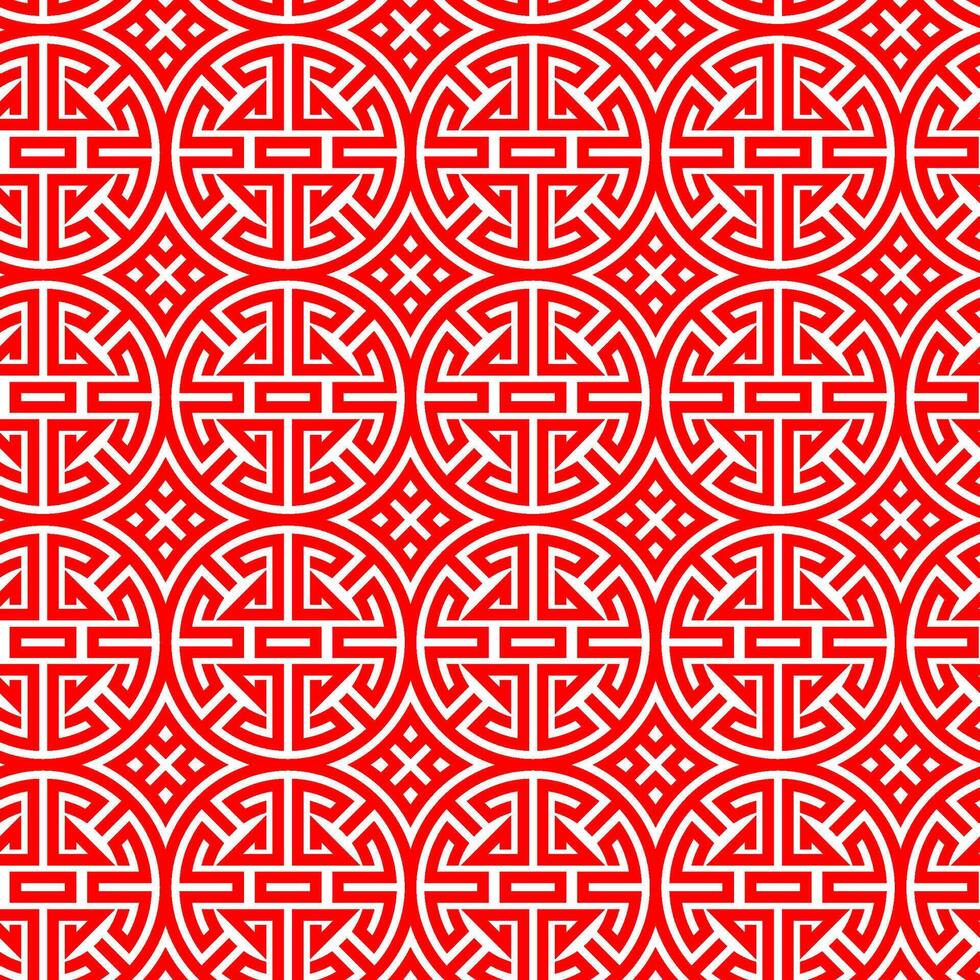 Intricate Red Chinese Knot Pattern with Geometric Symmetry. Seamless pattern vector