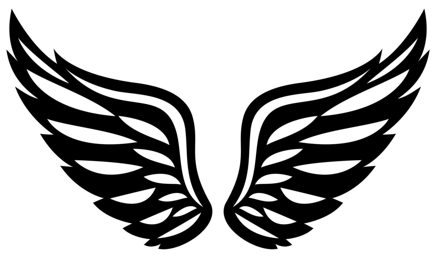 Symmetrical black angel wings with tribal style lines and curved feather shapes on white background vector
