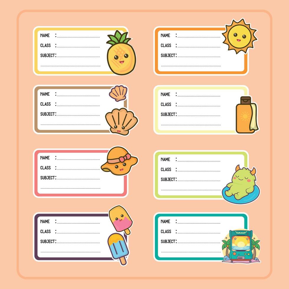 Adorable Summer Themed Stickers for School Supplies. Summer Notebook Labels. vector