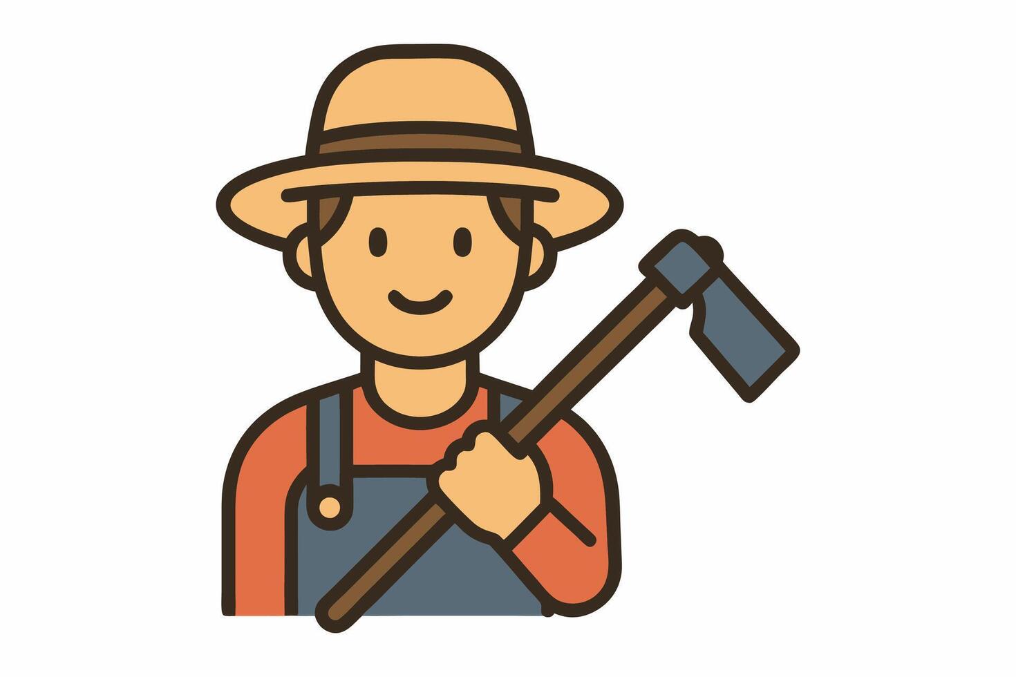 Flat icon of a male farmer wearing a straw hat and holding a hoe. Simple cartoon style on transparent background vector