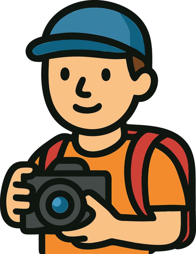 Flat icon of a photographer holding a camera and wearing a backpack. Simple cartoon flat style on transparent background vector