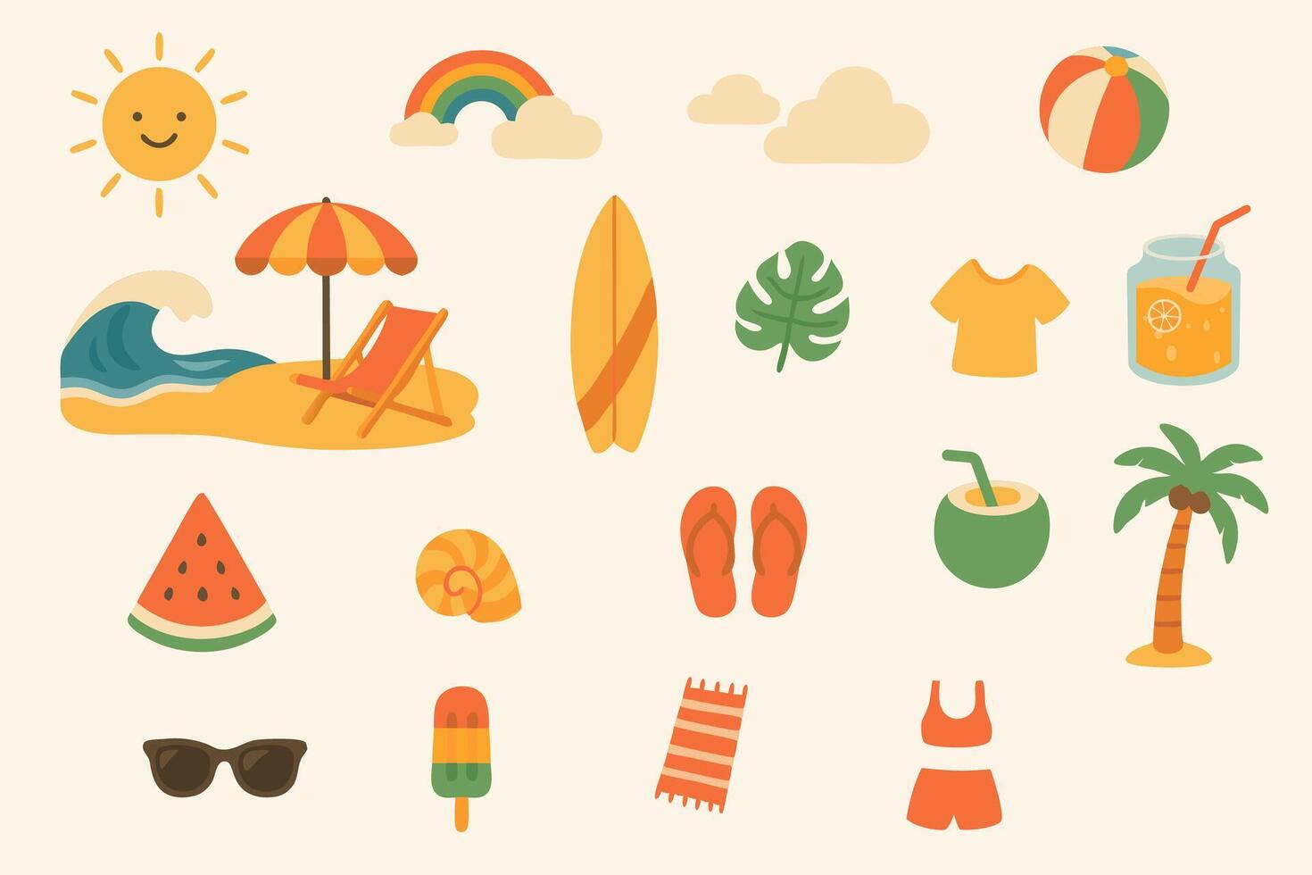 Flat design illustration of summer elements including sun, beach umbrella, surfboard, coconut drink, watermelon, flip flops, sunglasses, palm tree, and other tropical vacation icons vector