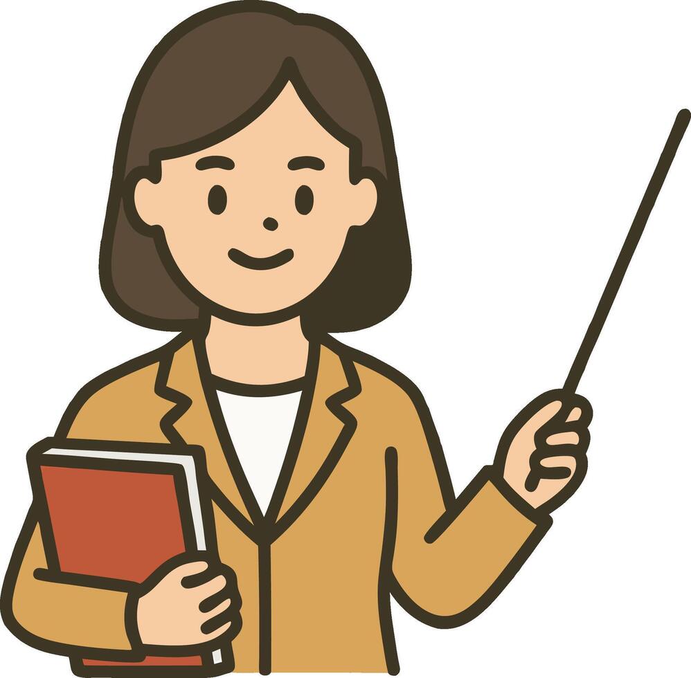 Flat icon of a female teacher holding a book and pointing stick. Minimal cartoon flat style with transparent background vector