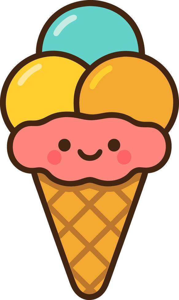 Cute cartoon-style ice cream cone with three colorful scoops and a happy face. Summer dessert icon with flat design on transparent background vector