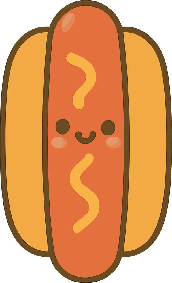 Fun cartoon-style hot dog with mustard topping and a cheerful face. Summer snack flat design on transparent background vector